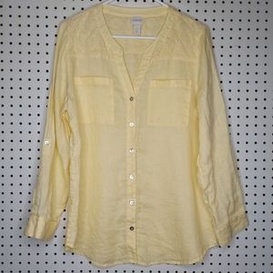 Chicos Linen Button Shirt Medium Pastel Yellow Lace Mesh V-Neck Long Roll Sleeve
